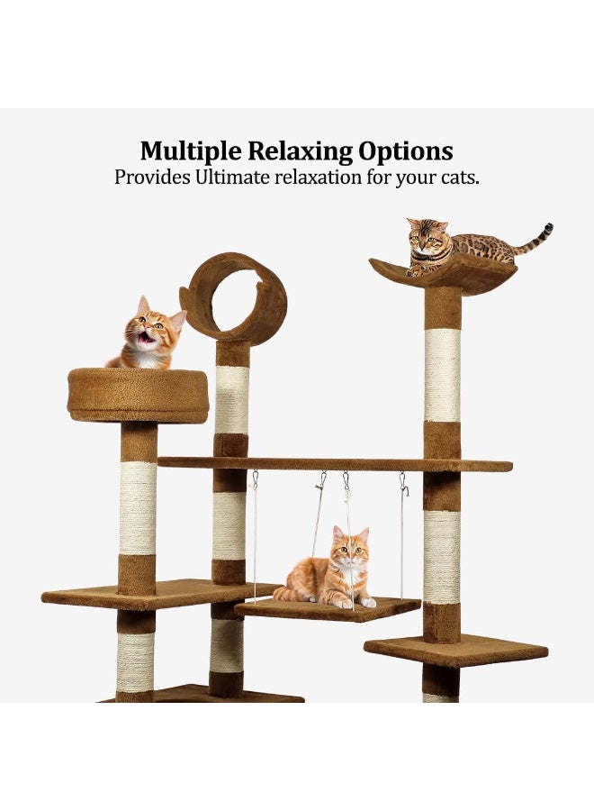 NNC PETS Cat Tree for Big Cats | Cat Tower House for Indoor & Outdoor Use | Cat Activity Center with Multiple Perches | Sisal Scratching Post | Cozy Hammock | Cat Condo | Hammock & Ladder, 210 cm (Chocolate) - Image 4