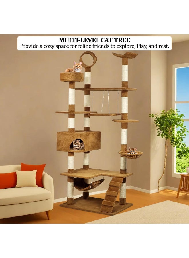 NNC PETS Cat Tree for Big Cats | Cat Tower House for Indoor & Outdoor Use | Cat Activity Center with Multiple Perches | Sisal Scratching Post | Cozy Hammock | Cat Condo | Hammock & Ladder, 210 cm (Chocolate) - Image 5