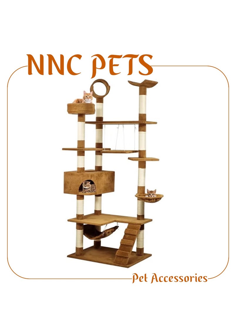 NNC PETS Cat Tree for Big Cats | Cat Tower House for Indoor & Outdoor Use | Cat Activity Center with Multiple Perches | Sisal Scratching Post | Cozy Hammock | Cat Condo | Hammock & Ladder, 210 cm - Image 1