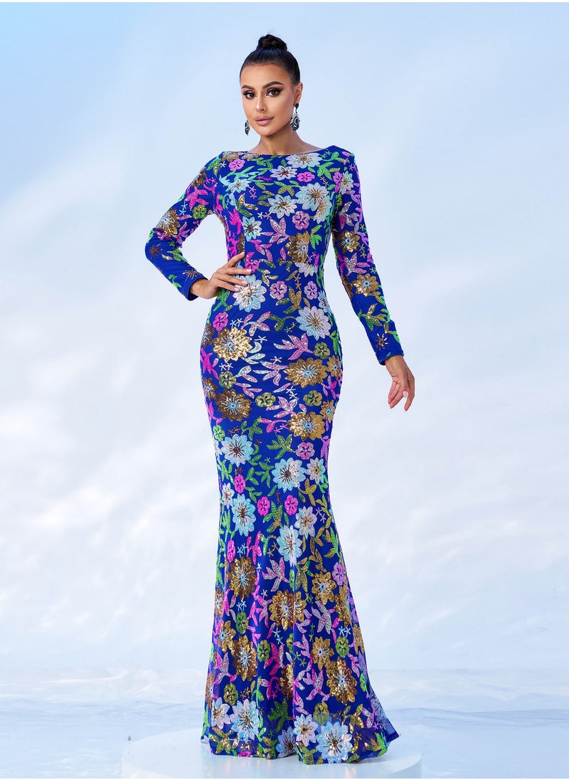 Loquat Elegant Floral Sequin Long Evening Dress with Fitted Round Neck 
