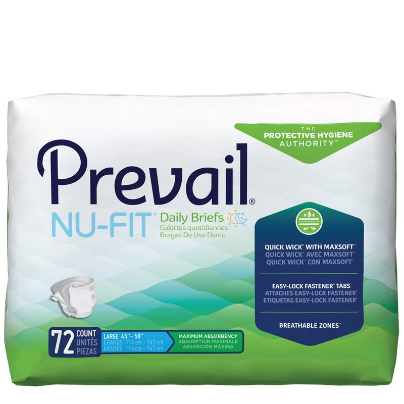 Prevail Nu-Fit Incontinence Briefs, Unisex Disposable Adult Diapers with Tabs for Men & Women, Maximum Absorbency, Large, 72 Count (4 Packs of 18) - Image 1