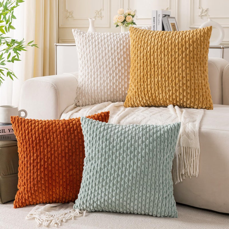 Cozoomy Set of 4 Yellow Rust Aqua Decorative Pillow Covers 18x18 Inch Corduroy Throw Pillow Covers for Bed Couch Sofa Living Room Soft Cushion Cases - Image 1
