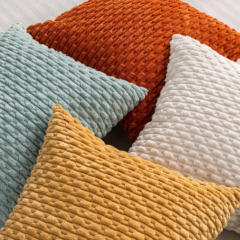 Cozoomy Set of 4 Yellow Rust Aqua Decorative Pillow Covers 18x18 Inch Corduroy Throw Pillow Covers for Bed Couch Sofa Living Room Soft Cushion Cases - Image 3