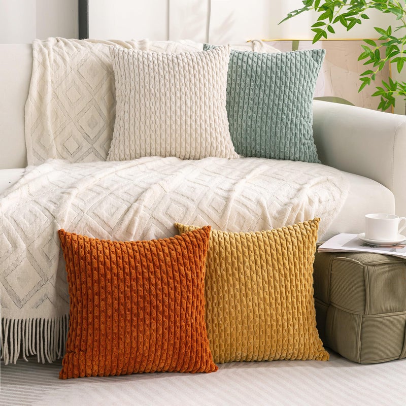 Cozoomy Set of 4 Yellow Rust Aqua Decorative Pillow Covers 18x18 Inch Corduroy Throw Pillow Covers for Bed Couch Sofa Living Room Soft Cushion Cases - Image 2