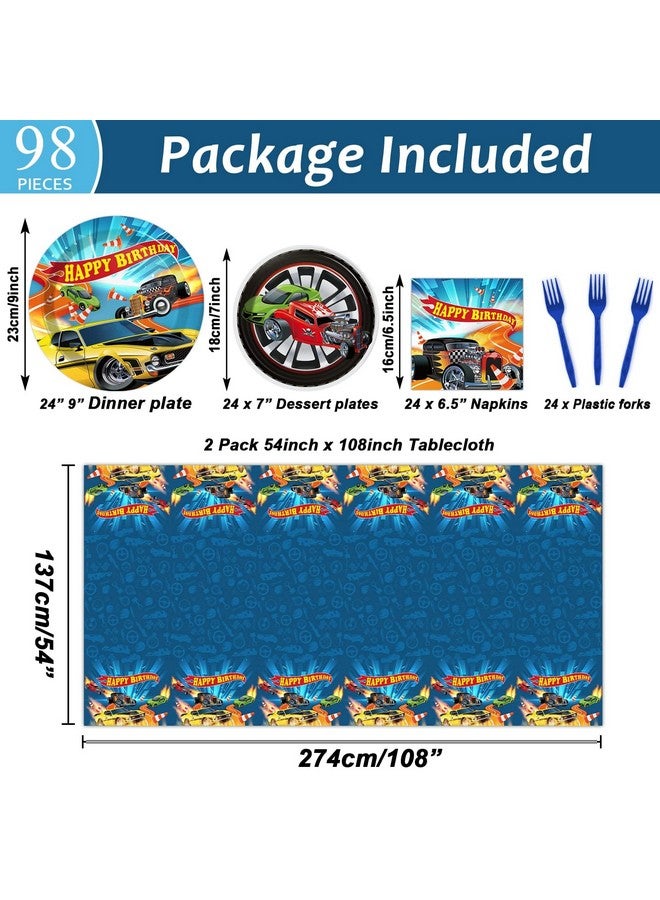 Tevxj 98 Pieces Racing Car Party Decorations Hot Car Tableware Set Racing Car Plates Napkins Tablecloth Party Supplies Kit for Kids Boys Racing Birthday Table Cover Dinnerware Party Favors 24 Guests  - Image 2