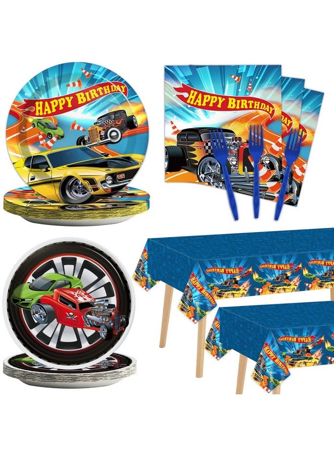 Tevxj 98 Pieces Racing Car Party Decorations Hot Car Tableware Set Racing Car Plates Napkins Tablecloth Party Supplies Kit for Kids Boys Racing Birthday Table Cover Dinnerware Party Favors 24 Guests  - Image 1