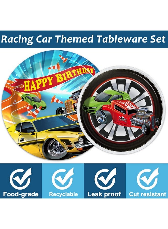 Tevxj 98 Pieces Racing Car Party Decorations Hot Car Tableware Set Racing Car Plates Napkins Tablecloth Party Supplies Kit for Kids Boys Racing Birthday Table Cover Dinnerware Party Favors 24 Guests  - Image 3