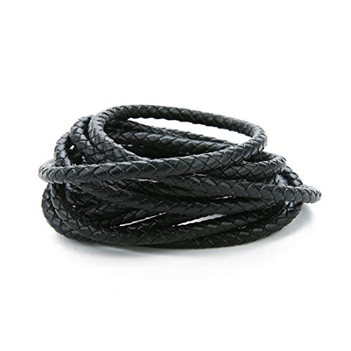 Linsoir Beads Black Round Genuine Braided Leather Cord Bolo Tie Cording Dia 4mm 2 Meter Roll - Image 1