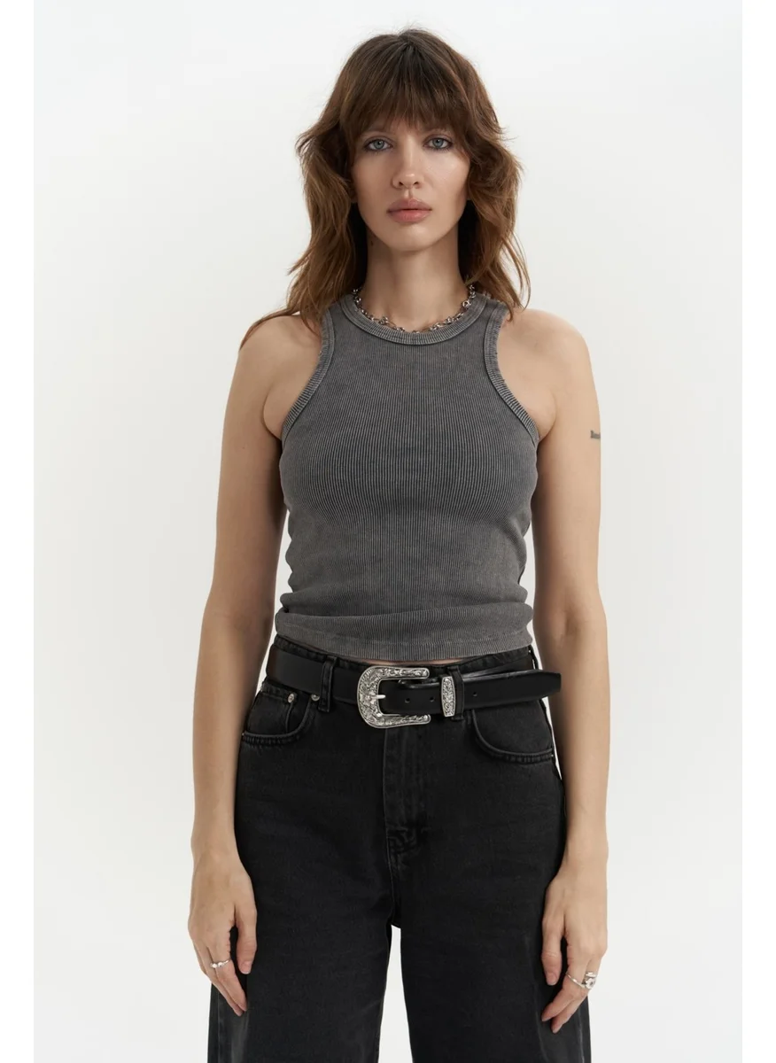 Mai Collection Bone Smoke Washed Corduroy Crop
