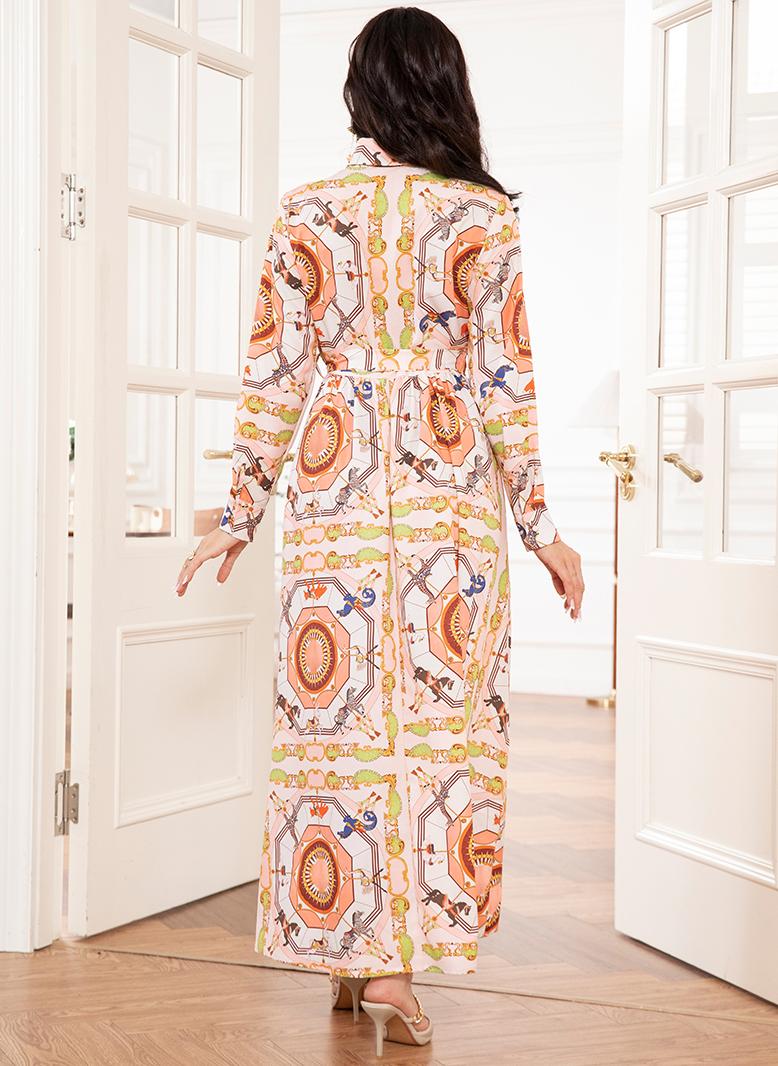 فرايديين انيق طوق متقلب بناء الرسوم الكرتونية حزام ازرار جيب كم القميص فساتين طويلة وردي - Image 2