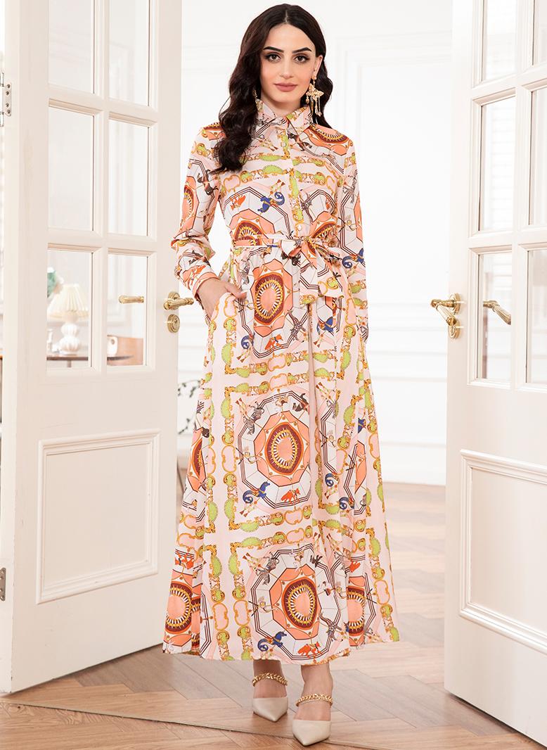 فرايديين انيق طوق متقلب بناء الرسوم الكرتونية حزام ازرار جيب كم القميص فساتين طويلة وردي - Image 1