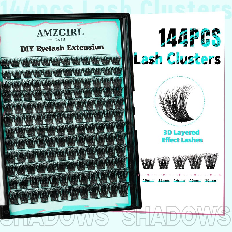 AMZGIRL LASH Lash Extension Kit 3D Effect Lash Clusters Kit 144pcs D Curl Eyelash Extension Kit with Lash Bond and Seal Lash Remover Lash Tweezers for Lash Clusters Eyelash Clusters Kit (Shadows, D-10-18mm Kit) - Image 2