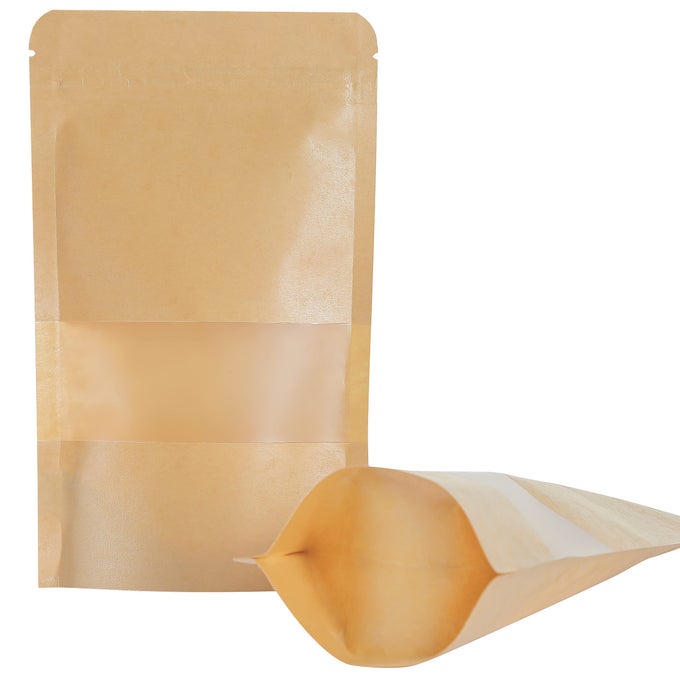 KRAFT STAND UP POUCHES 100 PCS BROWN RESEALABLE BAGS WITH WINDOW ZIP LOCK FOOD STORAGE SEALABLE BAGS FOR PACKAGING 71X102