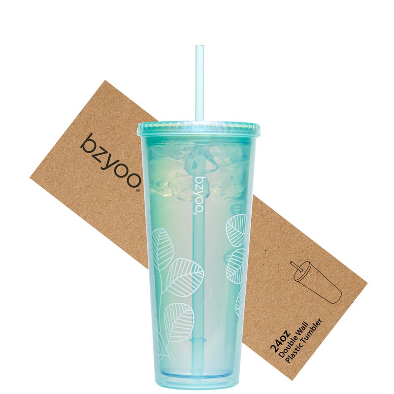 bzyoo SIP 24oz (710ml) Double Wall Plastic Tumbler with Lid and Straw Cold Drink Travel Mug Reusable Ice Coffee Tea Cup Perfect for Office Poolside Parties Gifts Color: Pearl Green - Image 1