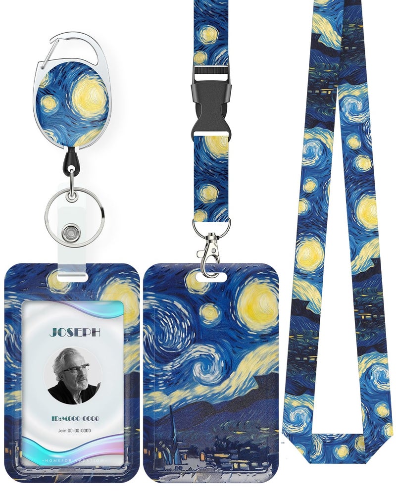 Uniclife Fashionable Sliding Badge Holder Starry Night Plastic Card Holder with Retractable Badge Reel Carabiner Detachable Lanyard Vertical Card Protector for Office Worker Teacher Student - Image 1