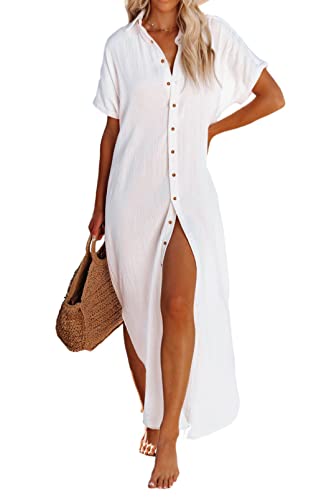 Dokotoo Swimsuit Bathing Suit Cover Up for Women Swimwear 2025 Fashion Summer Dresses Button Down Long Kimonos Cardigan Beach Vacation Clothes Short Sleeve Side Split Casual Solid Coverups White M - Image 1