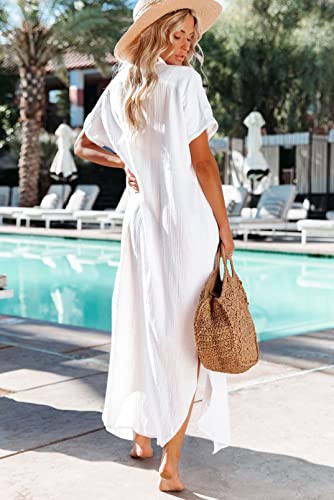 Dokotoo Swimsuit Bathing Suit Cover Up for Women Swimwear 2025 Fashion Summer Dresses Button Down Long Kimonos Cardigan Beach Vacation Clothes Short Sleeve Side Split Casual Solid Coverups White M - Image 4