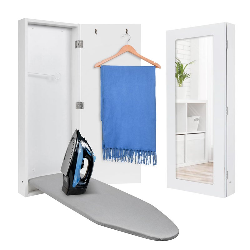 Ivation Ivation WallMounted Ironing Board Cabinet with Mirror Foldable Ironing Storage Station for Home Apartment EasyRelease Lever Garment Hooks White 