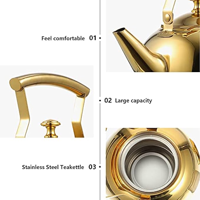 DOITOOL Heavy Duty Tea Maker Kettle Stovetop Whistling Tea Kettle Stainless Steel Teapot For Stovetop With Handle And Infuser 1L Gold - Image 4