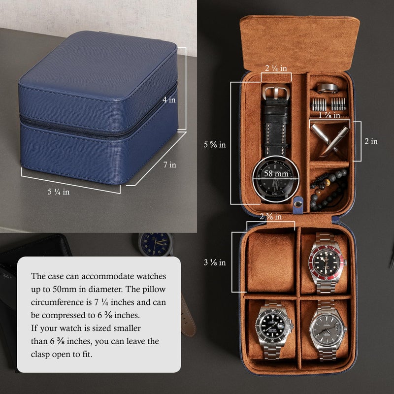 ROTHWELL 5 Watch Travel Case Storage Organizer for 5 Watches | Tough Portable Protection w/Zipper Fits All Wristwatches & Smart Watches Up to 50mm (Blue/Tan) - Image 4