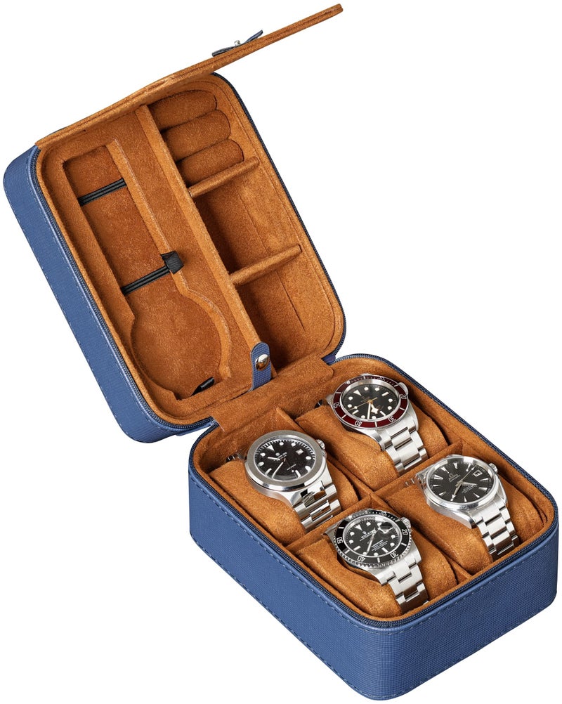 ROTHWELL 5 Watch Travel Case Storage Organizer for 5 Watches | Tough Portable Protection w/Zipper Fits All Wristwatches & Smart Watches Up to 50mm (Blue/Tan) - Image 1