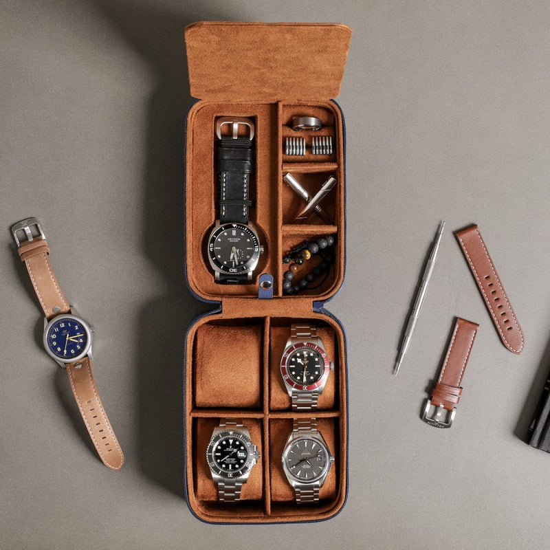 ROTHWELL 5 Watch Travel Case Storage Organizer for 5 Watches | Tough Portable Protection w/Zipper Fits All Wristwatches & Smart Watches Up to 50mm (Blue/Tan) - Image 3