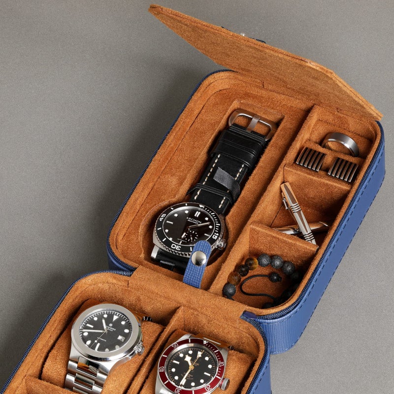 ROTHWELL 5 Watch Travel Case Storage Organizer for 5 Watches | Tough Portable Protection w/Zipper Fits All Wristwatches & Smart Watches Up to 50mm (Blue/Tan) - Image 5
