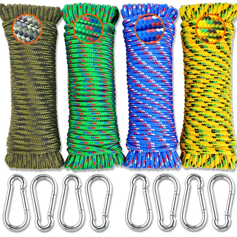 Wellmax Diamond Braided Polypropylene Rope with UV Treatment and Weather Resistant 4 Pack 316 inch x 50ft MultiColor and 8 Bonus Spring Links