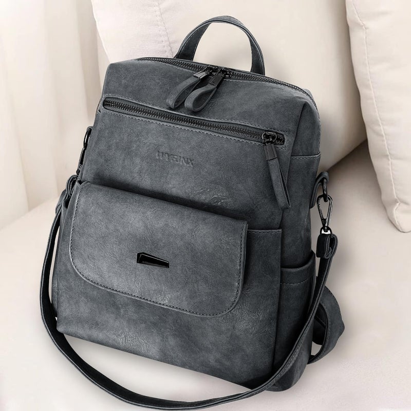 WYFJNX PU Leather Backpack Purse for Women Fashion Multipurpose Design Handbag Ladies Shoulder Bags Travel Backpack Blue Grey - Image 4