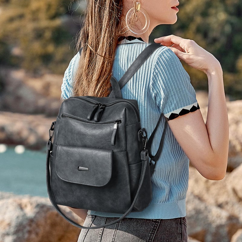WYFJNX PU Leather Backpack Purse for Women Fashion Multipurpose Design Handbag Ladies Shoulder Bags Travel Backpack Blue Grey - Image 5