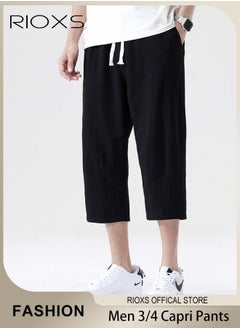 RIOXS Fashionable men's cropped pants, Summer Loose Casual Shorts, Below Knee Pocketed 3/4 Drawstring Elastic Waist Capri Pants with Side Pockets  - Image 1