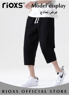 RIOXS Fashionable men's cropped pants, Summer Loose Casual Shorts, Below Knee Pocketed 3/4 Drawstring Elastic Waist Capri Pants with Side Pockets  - Image 3