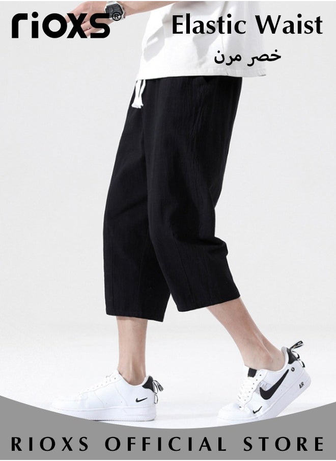 RIOXS Fashionable men's cropped pants, Summer Loose Casual Shorts, Below Knee Pocketed 3/4 Drawstring Elastic Waist Capri Pants with Side Pockets  - Image 4