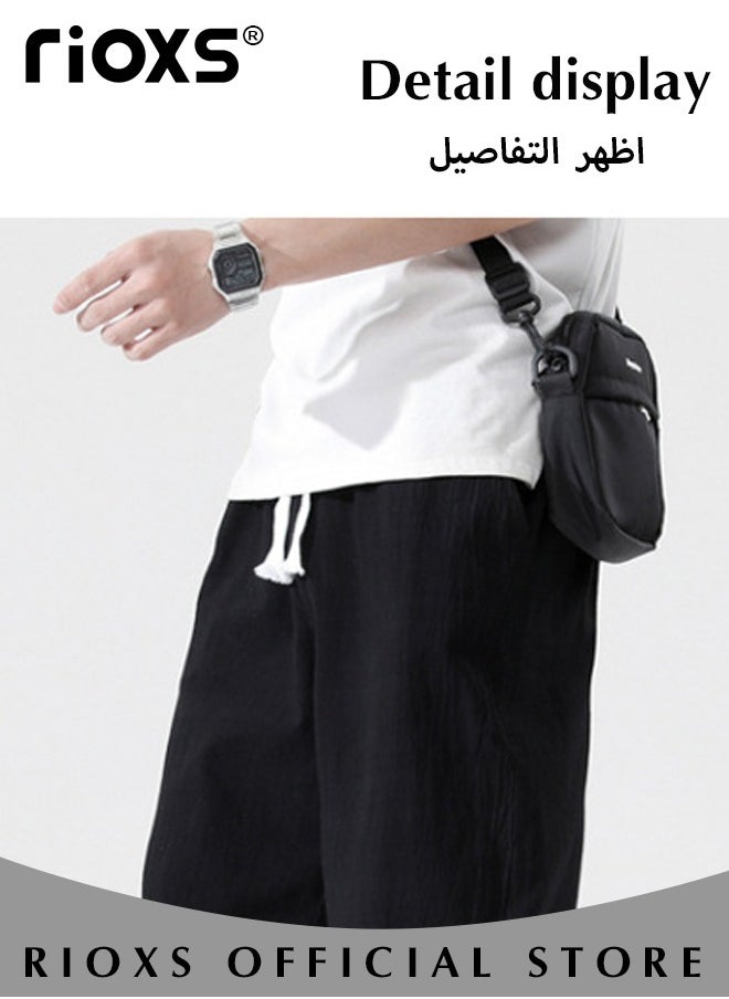 RIOXS Fashionable men's cropped pants, Summer Loose Casual Shorts, Below Knee Pocketed 3/4 Drawstring Elastic Waist Capri Pants with Side Pockets  - Image 5