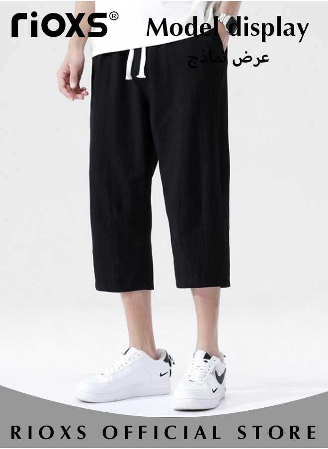 RIOXS Fashionable men's cropped pants, Summer Loose Casual Shorts, Below Knee Pocketed 3/4 Drawstring Elastic Waist Capri Pants with Side Pockets  - Image 2