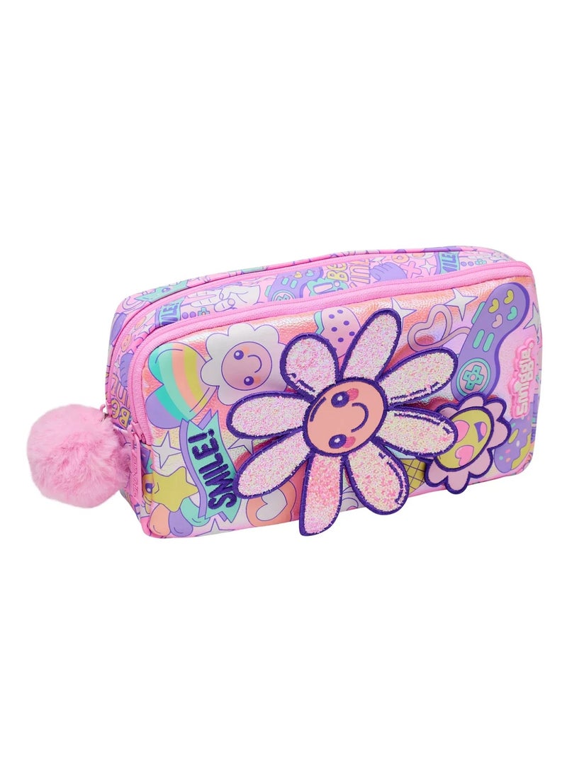Pink u0026 Purple Cartoon Floral Double-Decker Pencil Case | Two-Layer Zipper Pen Holder - Image 3