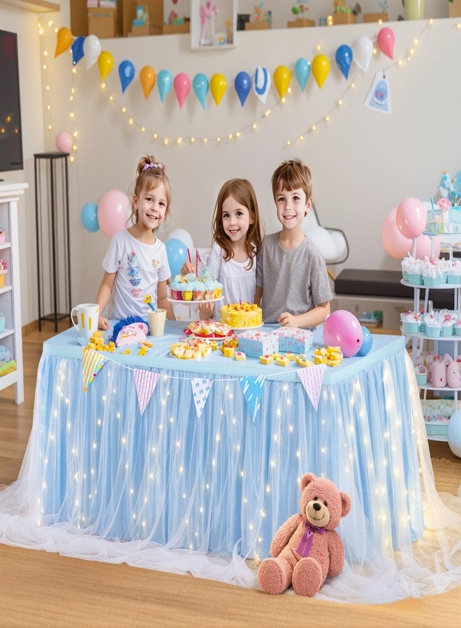 Shillance 6ft Baby Blue Tulle Table Skirt for Baby Shower, Blue Ruffle Tutu Table Skirt with LED Light for Mermaids Birthday Party Under The Sea Gender Reveal Anniversary Cake Dessert Table Decor - Image 2