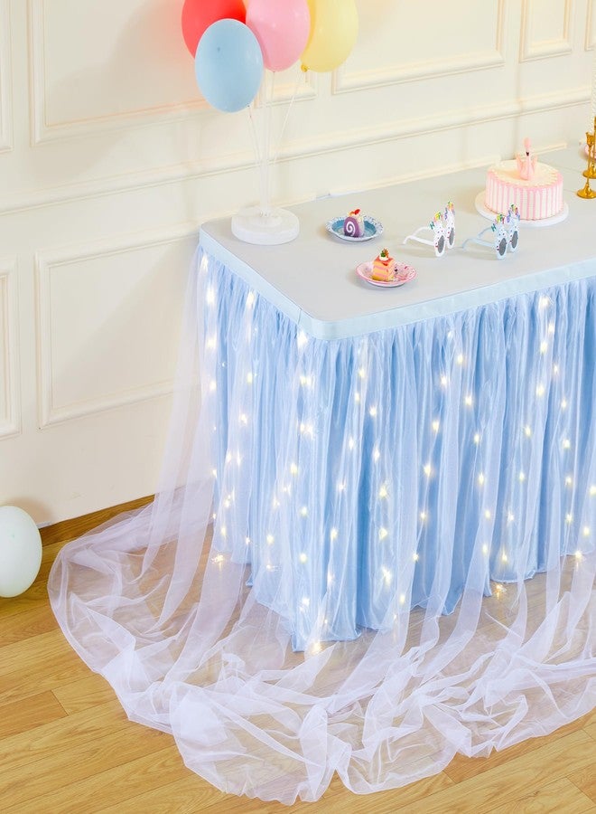 Shillance 6ft Baby Blue Tulle Table Skirt for Baby Shower, Blue Ruffle Tutu Table Skirt with LED Light for Mermaids Birthday Party Under The Sea Gender Reveal Anniversary Cake Dessert Table Decor - Image 5
