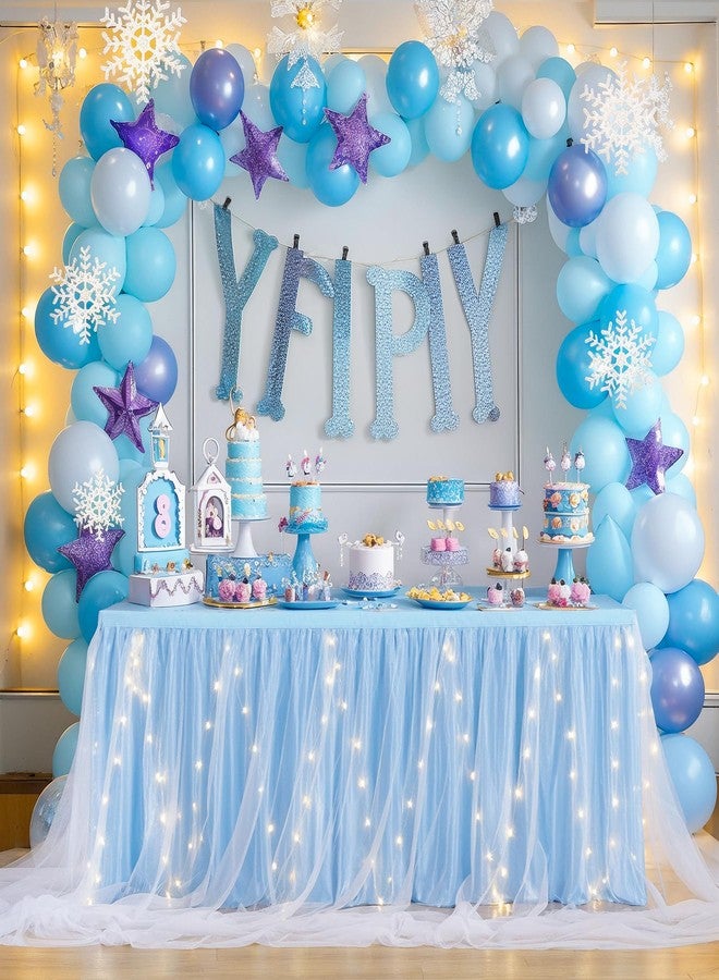 Shillance 6ft Baby Blue Tulle Table Skirt for Baby Shower, Blue Ruffle Tutu Table Skirt with LED Light for Mermaids Birthday Party Under The Sea Gender Reveal Anniversary Cake Dessert Table Decor - Image 1