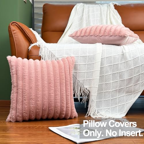 COTEY 20x20 Throw Pillow Covers Set of 2 Decorative Faux Fur Covers for Bed Couch Soft Fluffy Pillow Cover with Velvet Back for Living Room Neutral Home Dcor Accent for Sofa Pink - Image 3