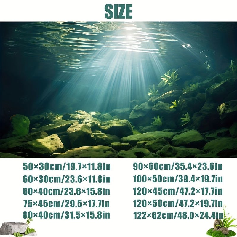 Sunlit Stream Rocks Aquarium Background Sticker 30cm 23.6 11.8in Shimmering Moss Covered Reefs Lush Aquatic Plants Deep Sea Tranquility Reptile Tank Decoration - Image 2