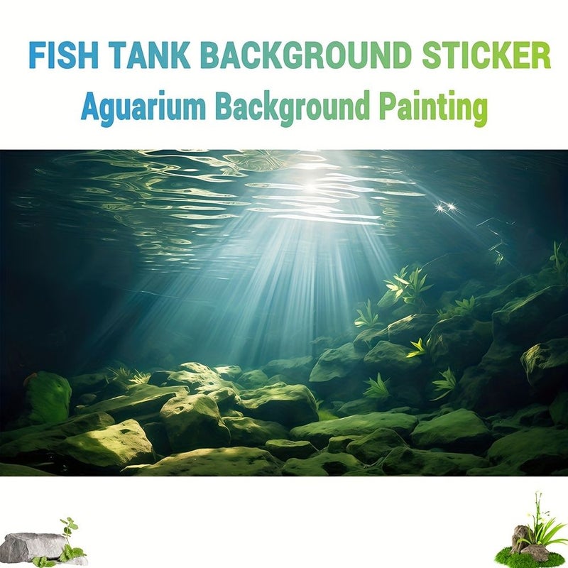 Sunlit Stream Rocks Aquarium Background Sticker 30cm 23.6 11.8in Shimmering Moss Covered Reefs Lush Aquatic Plants Deep Sea Tranquility Reptile Tank Decoration - Image 1