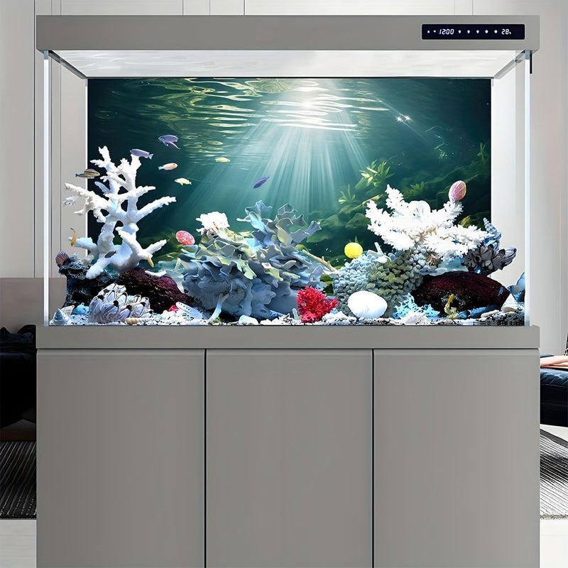 Sunlit Stream Rocks Aquarium Background Sticker 30cm 23.6 11.8in Shimmering Moss Covered Reefs Lush Aquatic Plants Deep Sea Tranquility Reptile Tank Decoration - Image 3