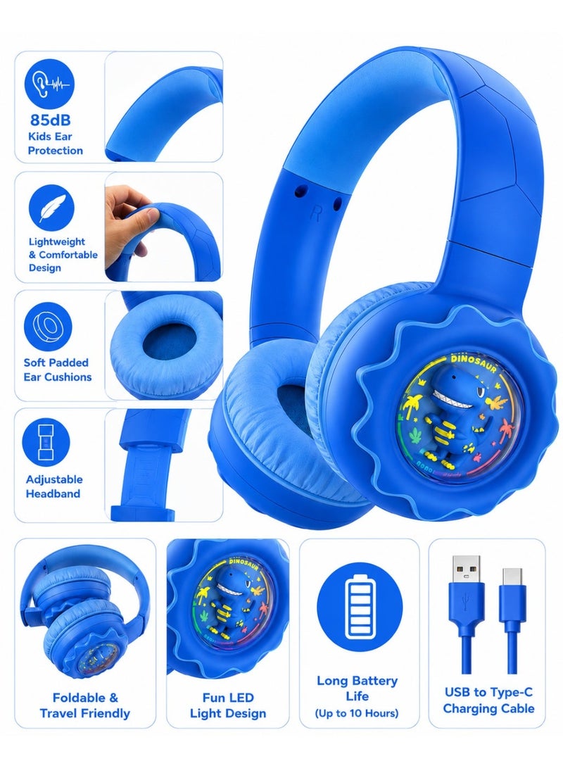 onikuma B30 Kids Wireless Headphones – Bluetooth 5.4, 108dB Safe Volume Limit, 32mm Drivers, 15m Wireless Range, 500mAh Rechargeable Battery, Up to 10H Playtime, Comfortable Over-Ear Design, Cute Dinosaur Style – Blue - Image 4