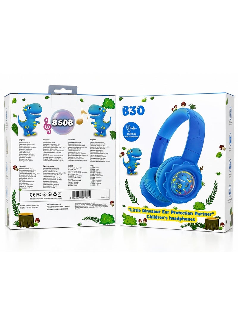 onikuma B30 Kids Wireless Headphones – Bluetooth 5.4, 108dB Safe Volume Limit, 32mm Drivers, 15m Wireless Range, 500mAh Rechargeable Battery, Up to 10H Playtime, Comfortable Over-Ear Design, Cute Dinosaur Style – Blue - Image 2