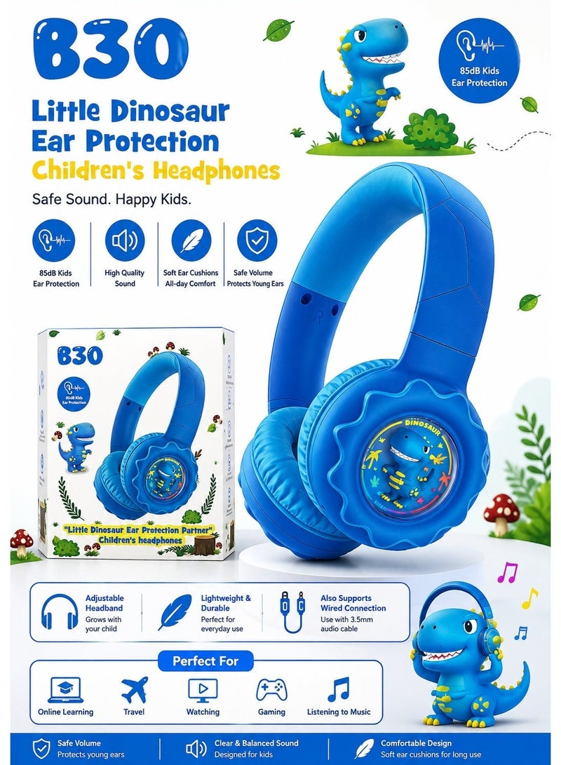 onikuma B30 Kids Wireless Headphones – Bluetooth 5.4, 108dB Safe Volume Limit, 32mm Drivers, 15m Wireless Range, 500mAh Rechargeable Battery, Up to 10H Playtime, Comfortable Over-Ear Design, Cute Dinosaur Style – Blue - Image 3