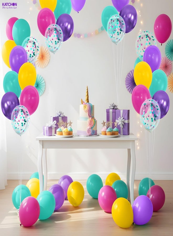 كاتشون بالونات كاتشون متعددة الألوان من اللاتكس مع قصاصات ورقية - 60 قطعة | بالونات حفلات قصاصات ورقية | بالونات بألوان وردي فاقع، بنفسجي معدني، أصفر، وأزرق مخضر لتزيين حفلات أعياد الميلاد ذات الطابع السحري، وحفلات استقبال المولود الجديد - Image 5