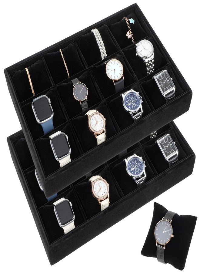Tobeelec 2 Pcs Velvet Watch Tray Jewelry Organizer, 12 Grid Stackable Velvet Watch Tray, Watch Display Velvet Tray Watch Bracelet Bangle Display Holder Adjustable Pillow - Image 1