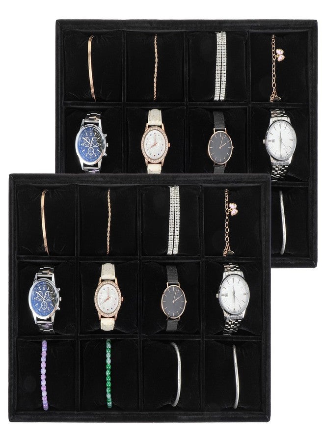 Tobeelec 2 Pcs Velvet Watch Tray Jewelry Organizer, 12 Grid Stackable Velvet Watch Tray, Watch Display Velvet Tray Watch Bracelet Bangle Display Holder Adjustable Pillow - Image 2