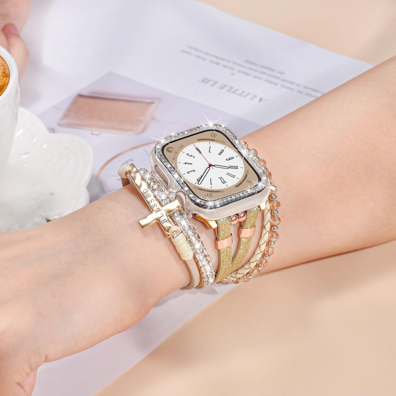 Fancywrist Boho Bracelet & Case Compatible with Apple Watch Band 40mm 44mm 45mm 46mm 41mm 38mm 42mm(S11 S10) Women, Dressy beaded Handmade Leather Strap for iWatch Series11 10 9 8 7 6 5 4 3 2 1 SE - Image 2